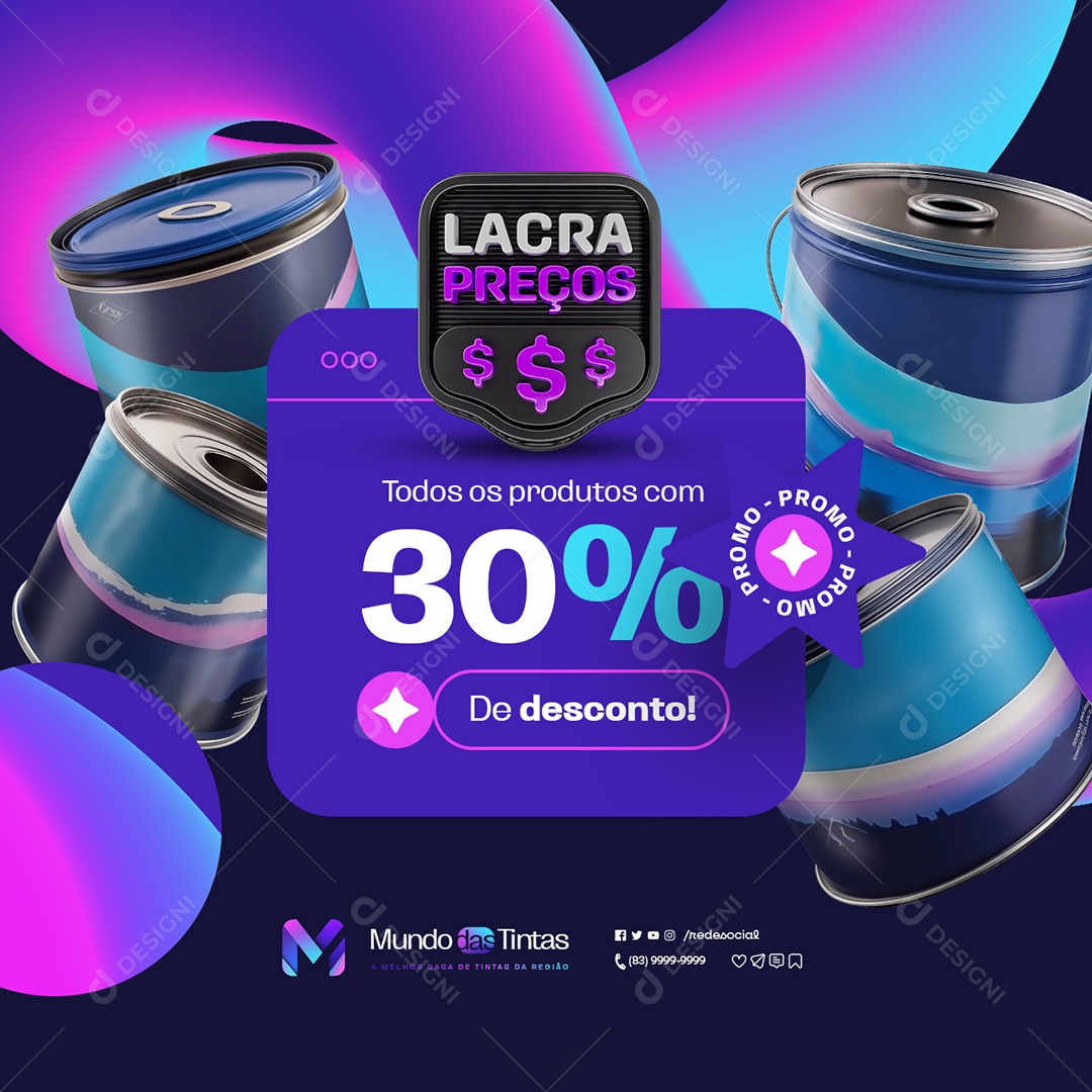 Casa de Tintas Lacra Preços Todos os Produtos com 30% de Desconto Social Media PSD Editável