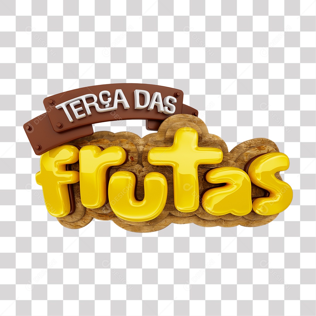 Terça das Frutas Selo 3D Marrom e Amarelo para Composição PNG Transparente