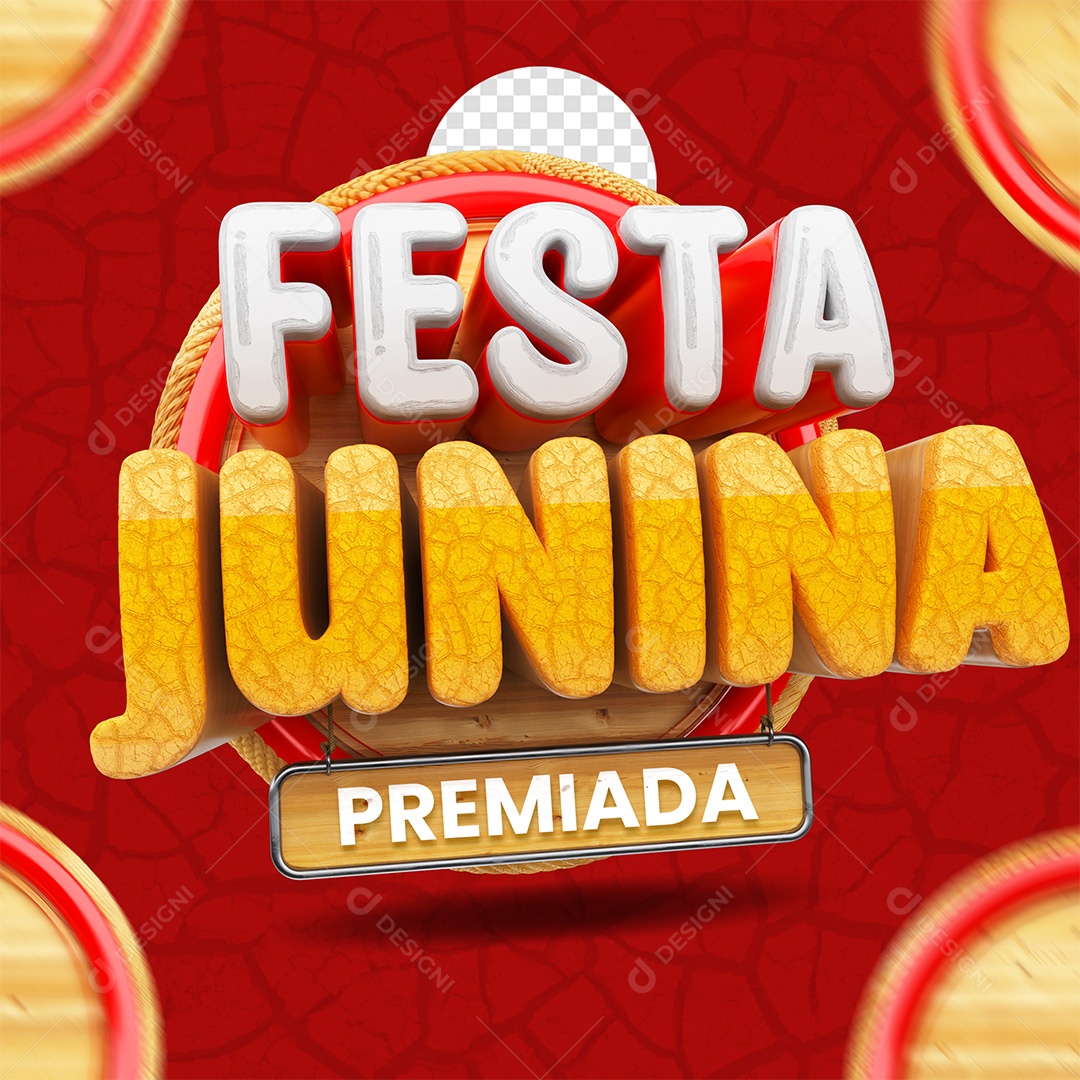 Festa Junina Premiada Selo 3D Branco e Amarelo para Composição PSD