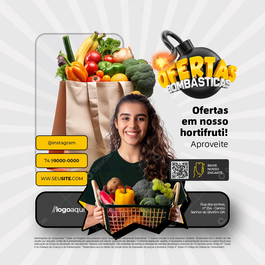 Supermercado Ofertas Bombásticas Hortifruti Social Media PSD Editável