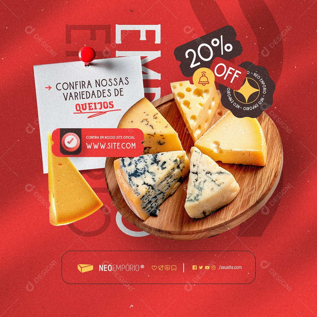 Empório Queijo Confira Nossas Variedades de Queijos 20% Off Social Media PSD Editável