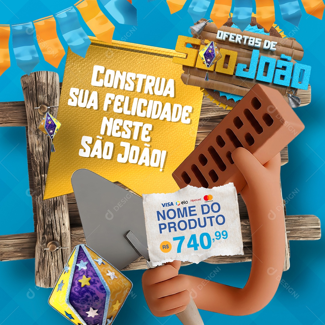 Ofertas de São João Construção Tijolo Colher de Pedreiro Social Media PSD Editável