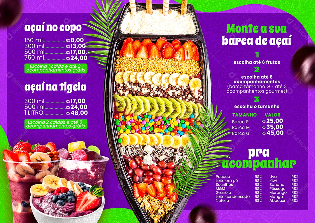 Modelo de Cardápio Açaí Monte a Sua Barca de Açaí PSD Editável