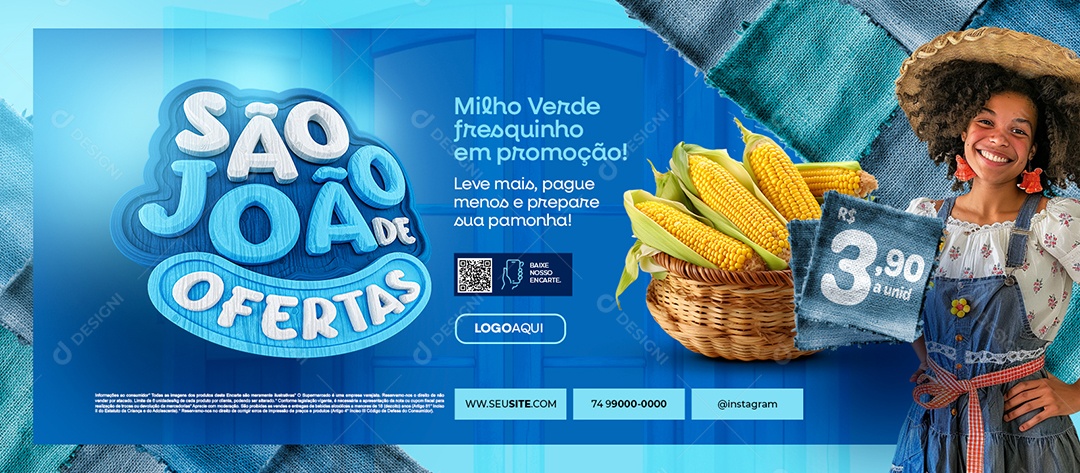 Banner São João de Ofertas Supermercado Milho Verde Fresquinho Social Media PSD Editável