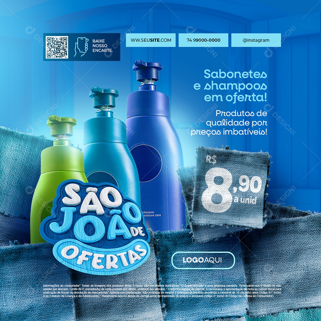 São João de Ofertas Supermercado Sabonetes e Shampoos em Oferta Social Media PSD Editável