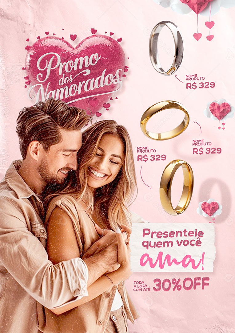 Promo dos Namorados Joalheria Anel Flyer Anéis 30% Off Social Media PSD Editável