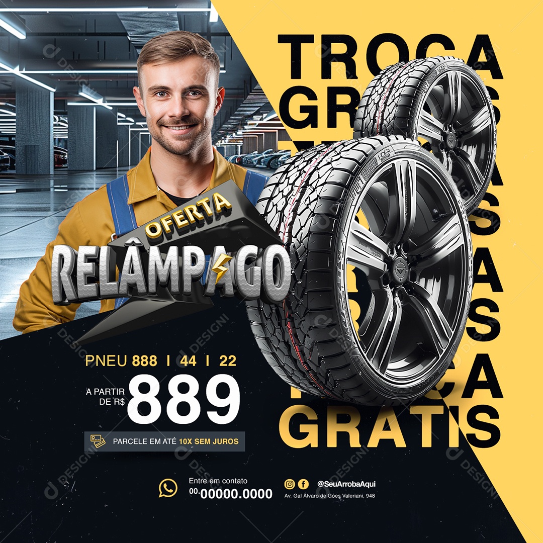 Loja de Pneus Oferta Relâmpago Pneu 888 Troca Grátis Social Media PSD Editável