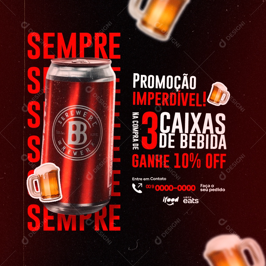 Distribuidora de Bebidas Promoção Imperdível 3 Caixas de Bebida 10% Off Social Media PSD Editável