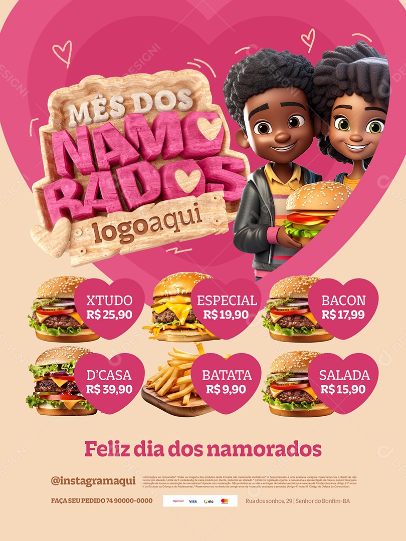 Mês dos Namorados Hamburgueria Encarte Especial Bacon Batata Frita Social Media PSD Editável