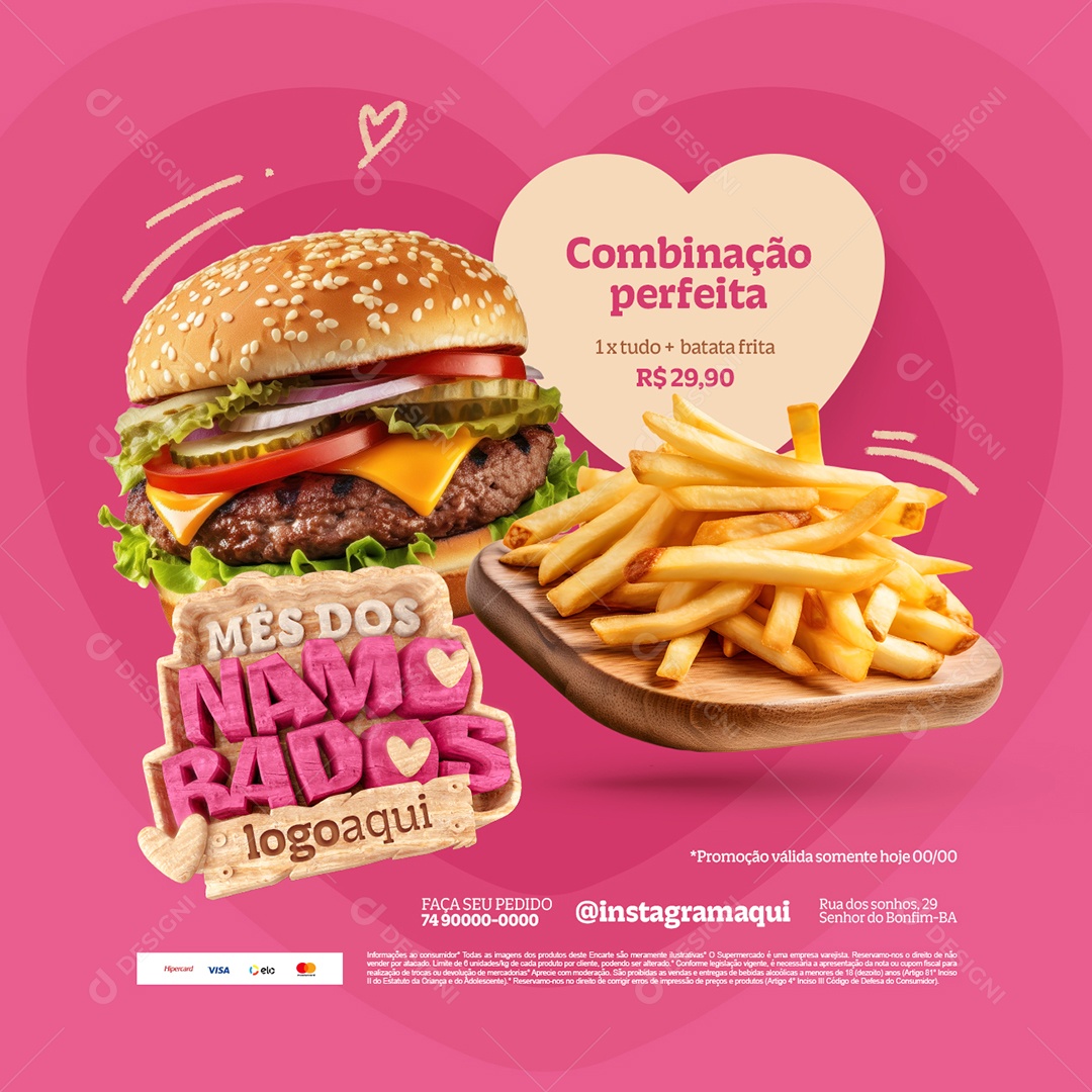 Mês dos Namorados Hamburgueria Combinação Perfeita X Tudo e Batata Frita Social Media PSD Editável