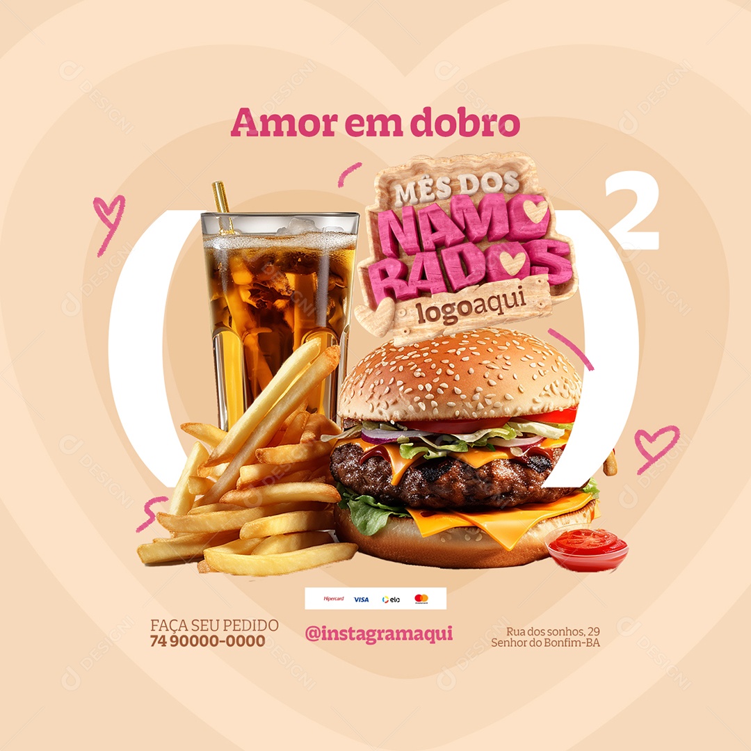 Mês dos Namorados Hamburgueria Amor em Dobro Social Media PSD Editável