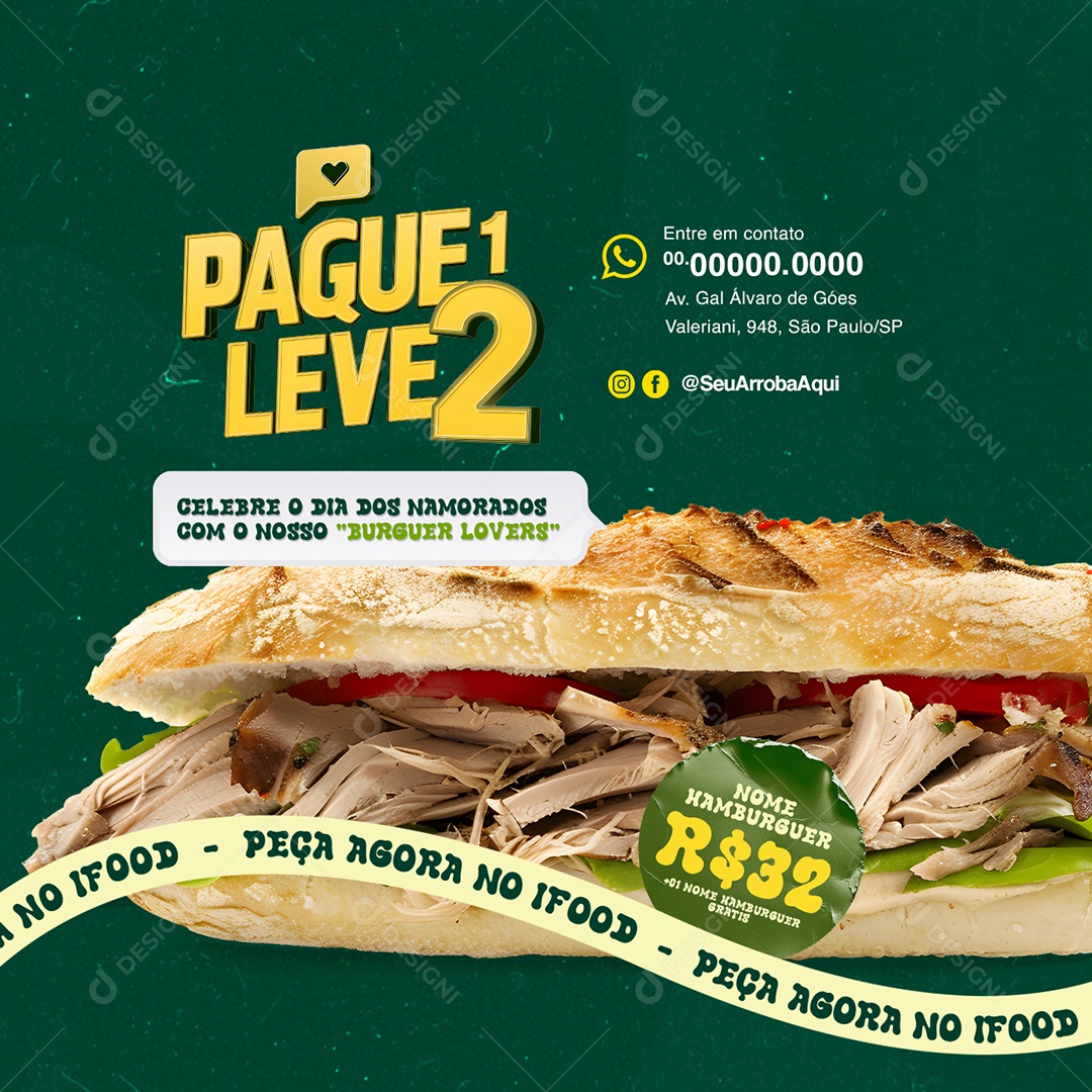 Lanchonete Pague 1 Leve 2 Hamburguer Peça Agora Social Media PSD Editável