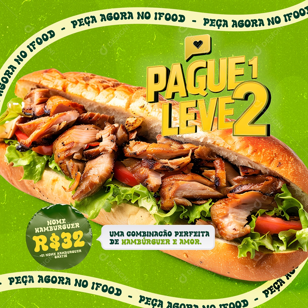 Lanchonete Hamburguer Pague 1 Leve 2 Um Combinação Perfeita Social Media PSD Editável