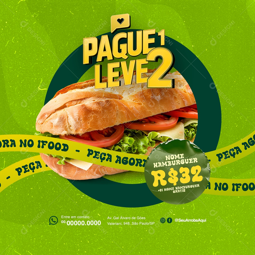 Lanchonete Hamburguer Pague 1 Leve 2 Peça Agora no Ifood Social Media PSD Editável