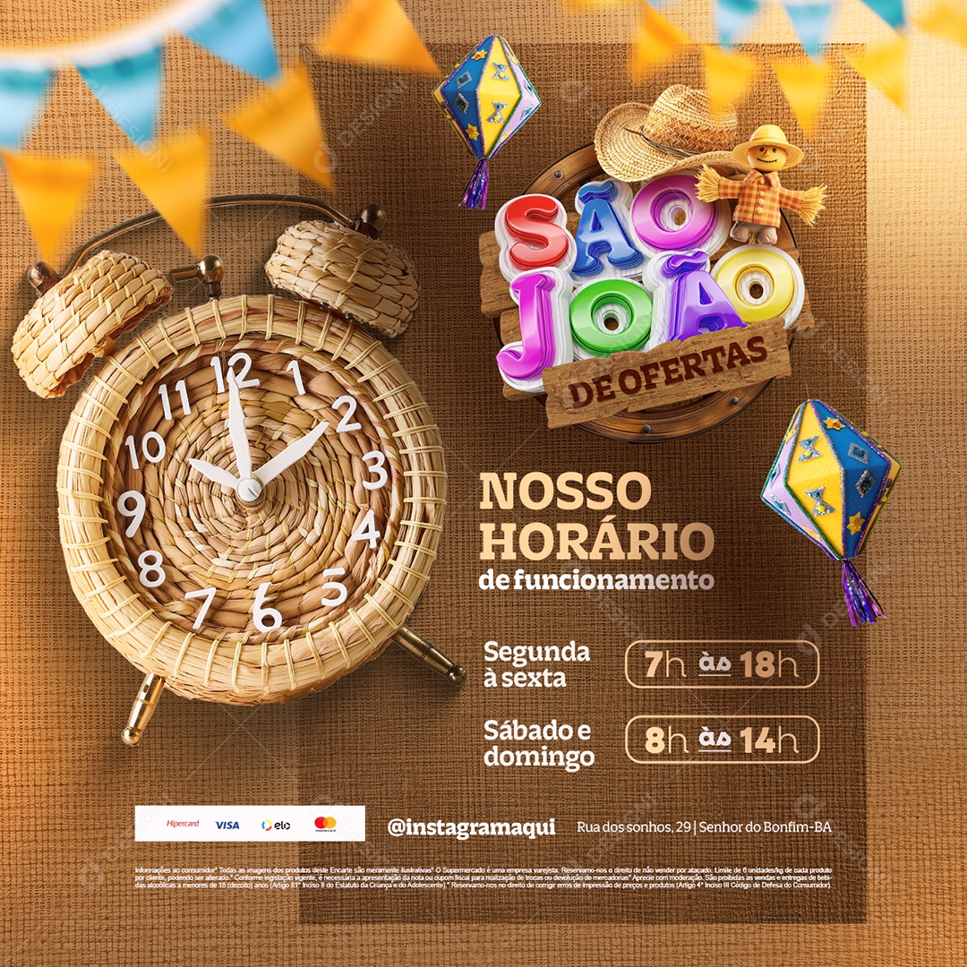 São João de Ofertas Supermarket Our Opening Hours Social Media PSD Editable