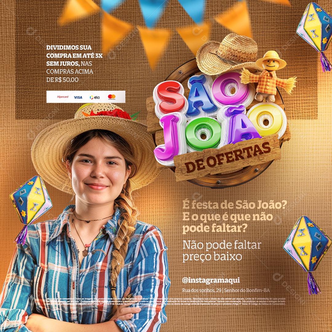 São João de Ofertas Supermercado Dividimos sua Compra em Até 3x Social Media PSD Editável