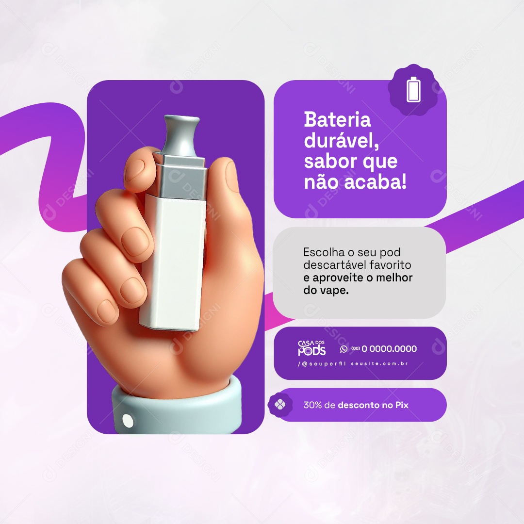 Loja de Pods Bateria Durável Sabor Que Não Acaba Social Media PSD Editável