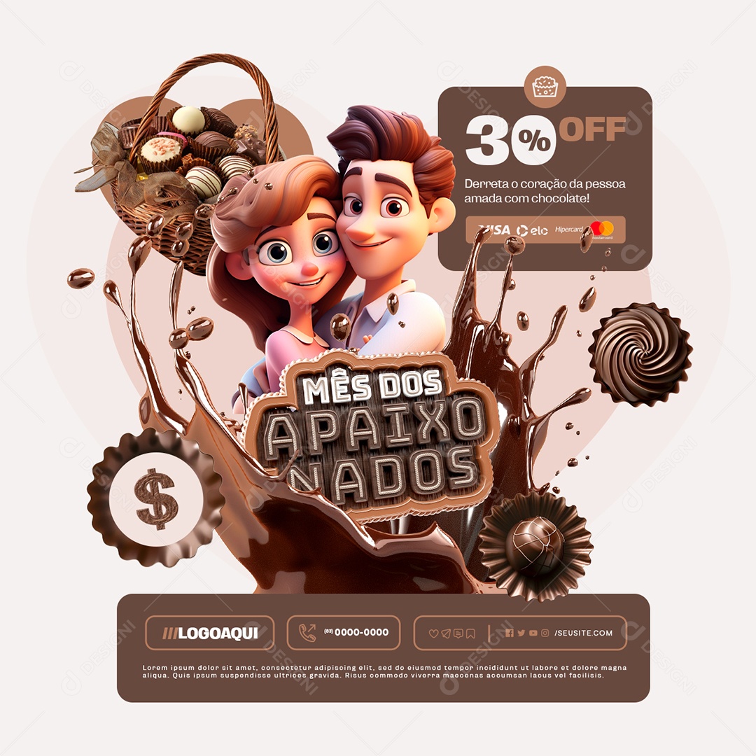 Mês dos Apaixonados 30% Off Doces Chocolates Social Media PSD Editável