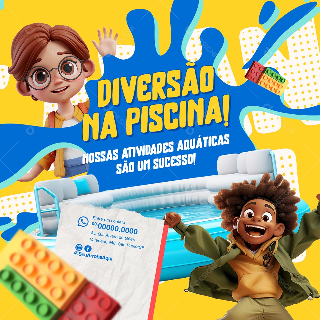 Colônia de Férias Diversão na Piscina Nossas Atividades Aquáticas Social Media PSD Editável