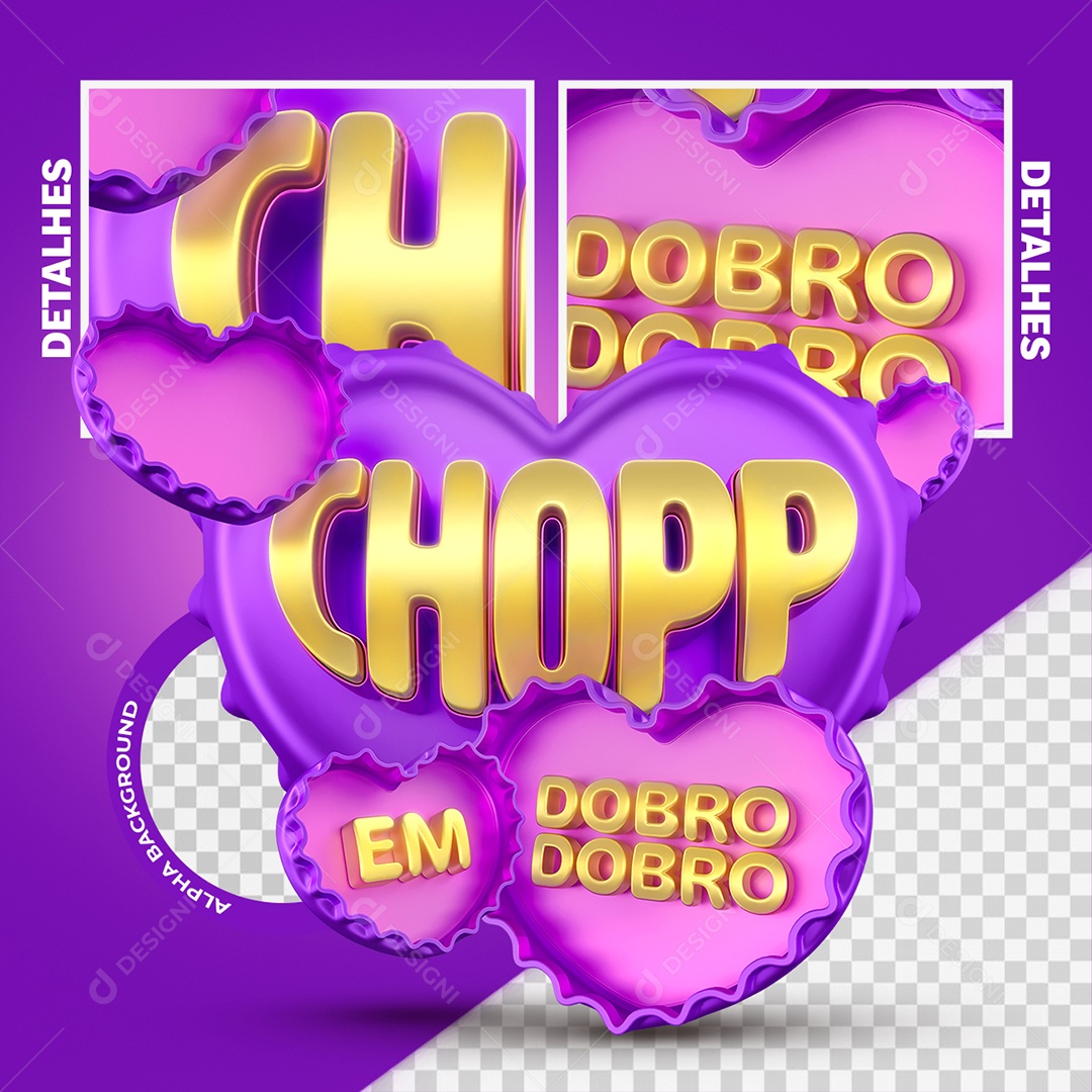 Chopp em Dobro Selo 3D Roxo e Amarelo para Composição PSD