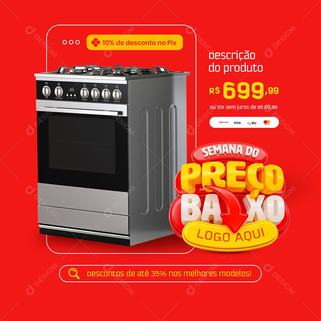 Semana do Preço Baixo Eletrodomésticos Fogão 10% de Desconto no Pix Social Media PSD Editável