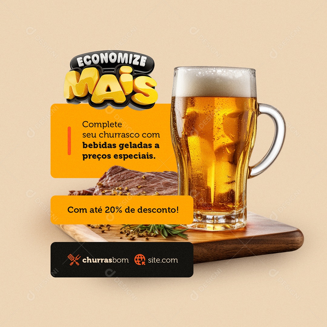 Economize Mais Churrascaria Bebida Com Até 20% de Desconto Social Media PSD Editável