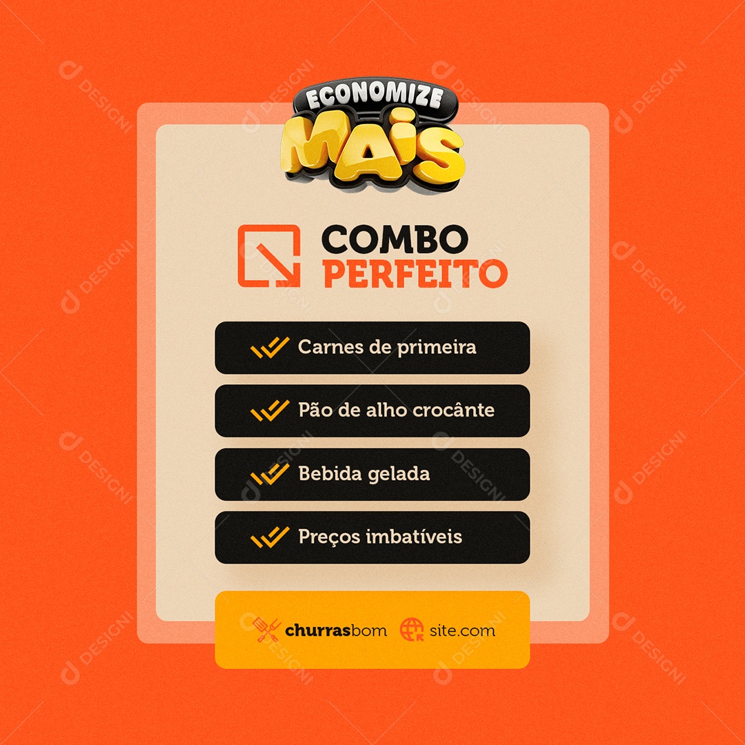 Economize Mais Churrascaria Combo Perfeito Carnes Pão de Alho Social Media PSD Editável