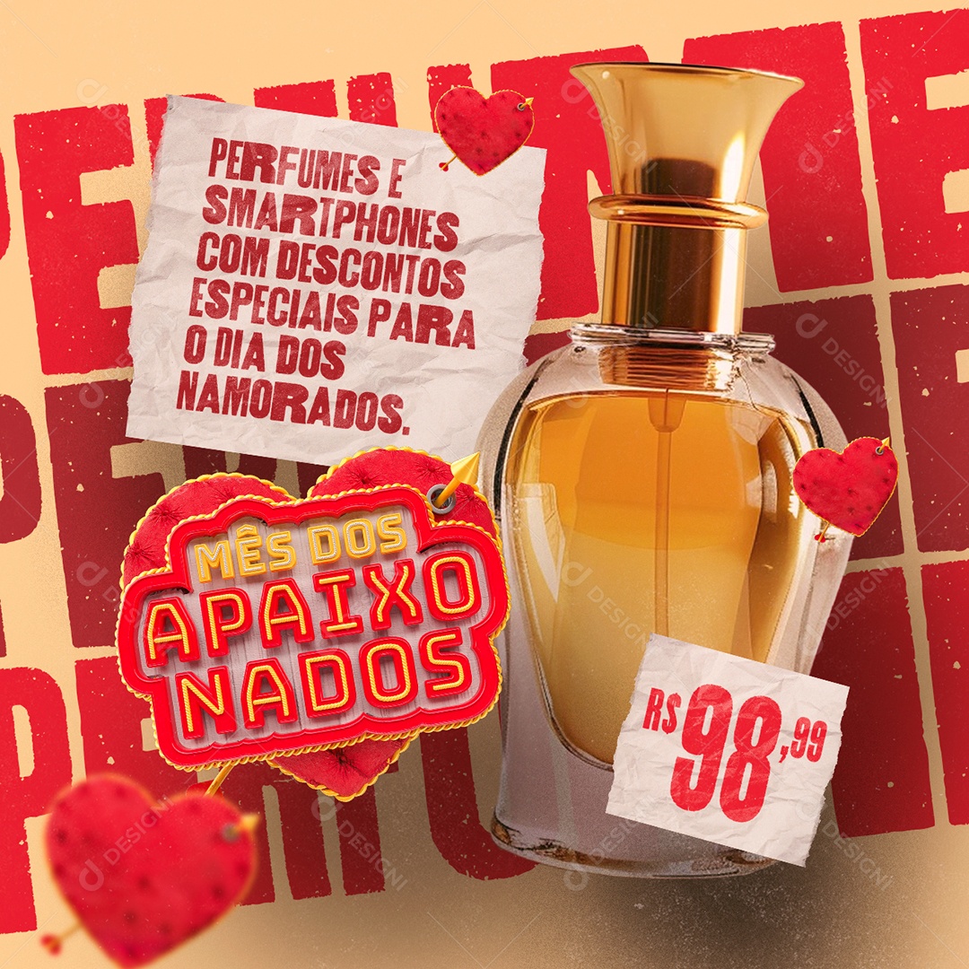 Mês dos Apaixonados Presentes Perfumes e Smartphones com Descontos Social Media PSD Editável