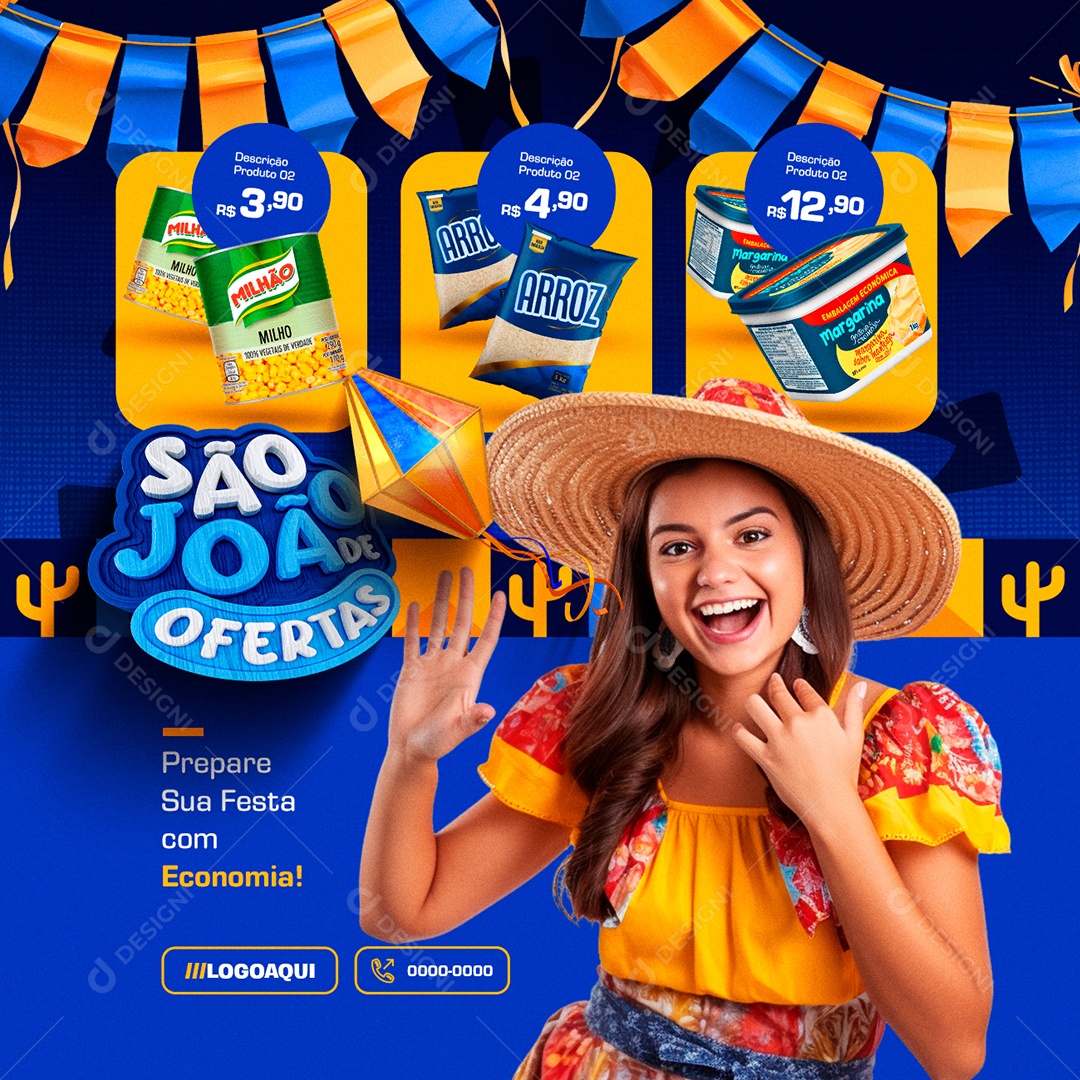 São João de Ofertas Supermercado Milho Verde Arroz Margarina Social Media PSD Editável