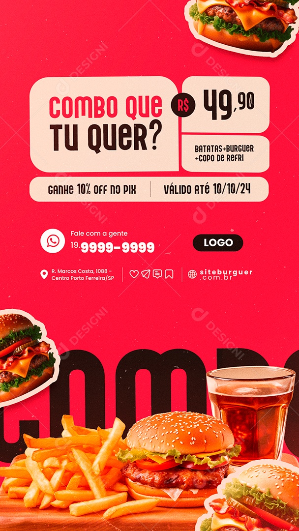 Story Hamburgueria Combo que Tu Quer Batatas Burguer Copo de Refri Social Media PSD Editável