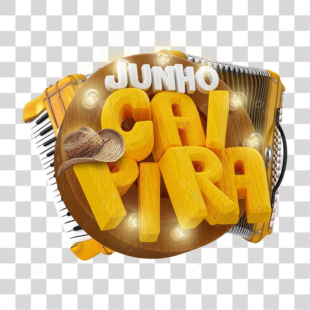 Junho Caipira Selo 3D Branco e Amarelo para Composição PNG Transparente