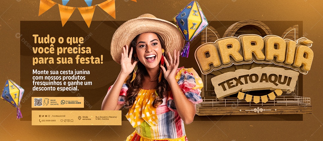 Banner Supermercado Arraiá Monte sua Cesta Junina Social Media PSD Editável