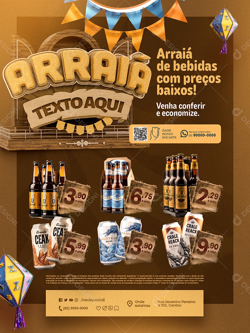 Supermercado Arraiá Encarte Cervejas Bebidas Social Media PSD Editável