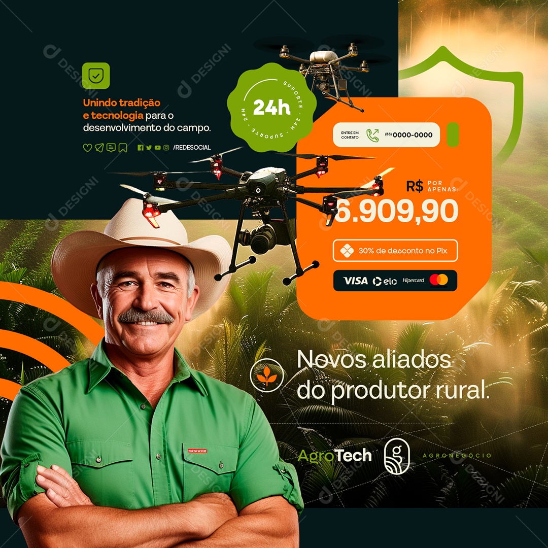 Agro Tech Drones Novos Aliados do Produtor Rural Social Media PSD Editável