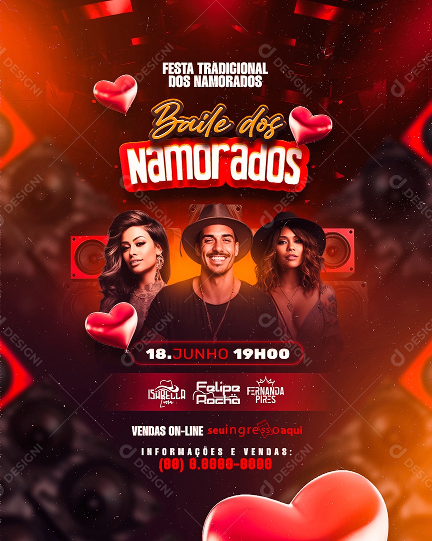 Flyer Baile dos Namorados Isabella Lima Felipe Rocha Fernanda Pires Social Media PSD Editável