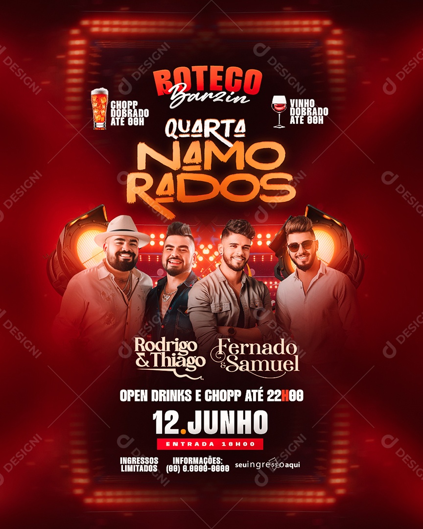 Flyer Boteco Barzin Quarta Namorados Rodrigo e Thiago Social Media PSD Editável