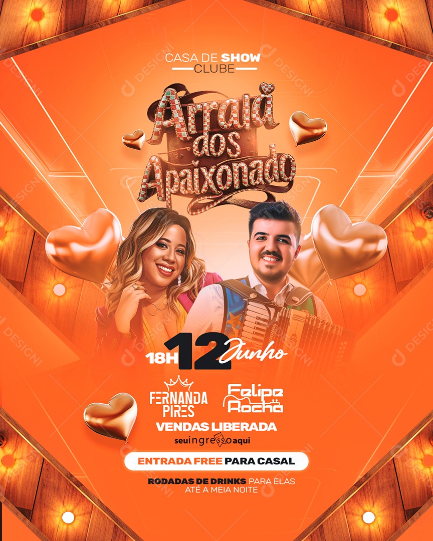 Flyer Arraiá dos Apaixonados Fernanda Pires Felipe Rocha Social Media PSD Editável