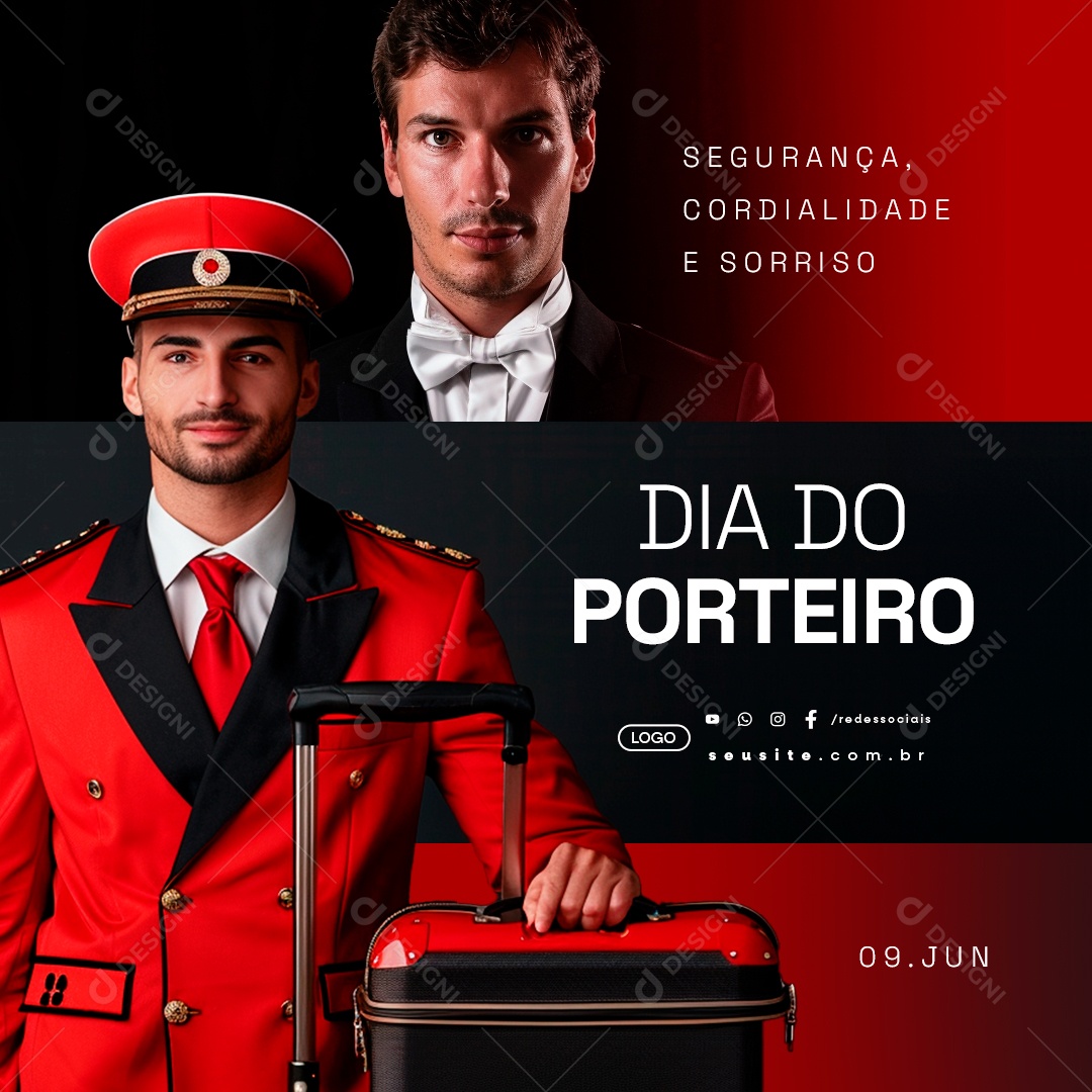 Social Media Dia do Porteiro 09 de Junho Segurança Cordialidade e Sorriso PSD Editável