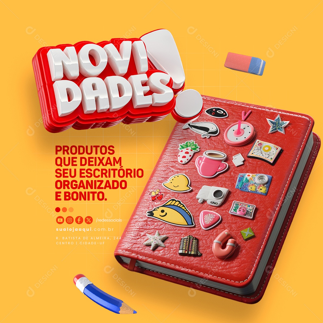 Loja Novidades e Promoção Produtos que Deixam seu Escritório Organizado Social Media PSD Editável