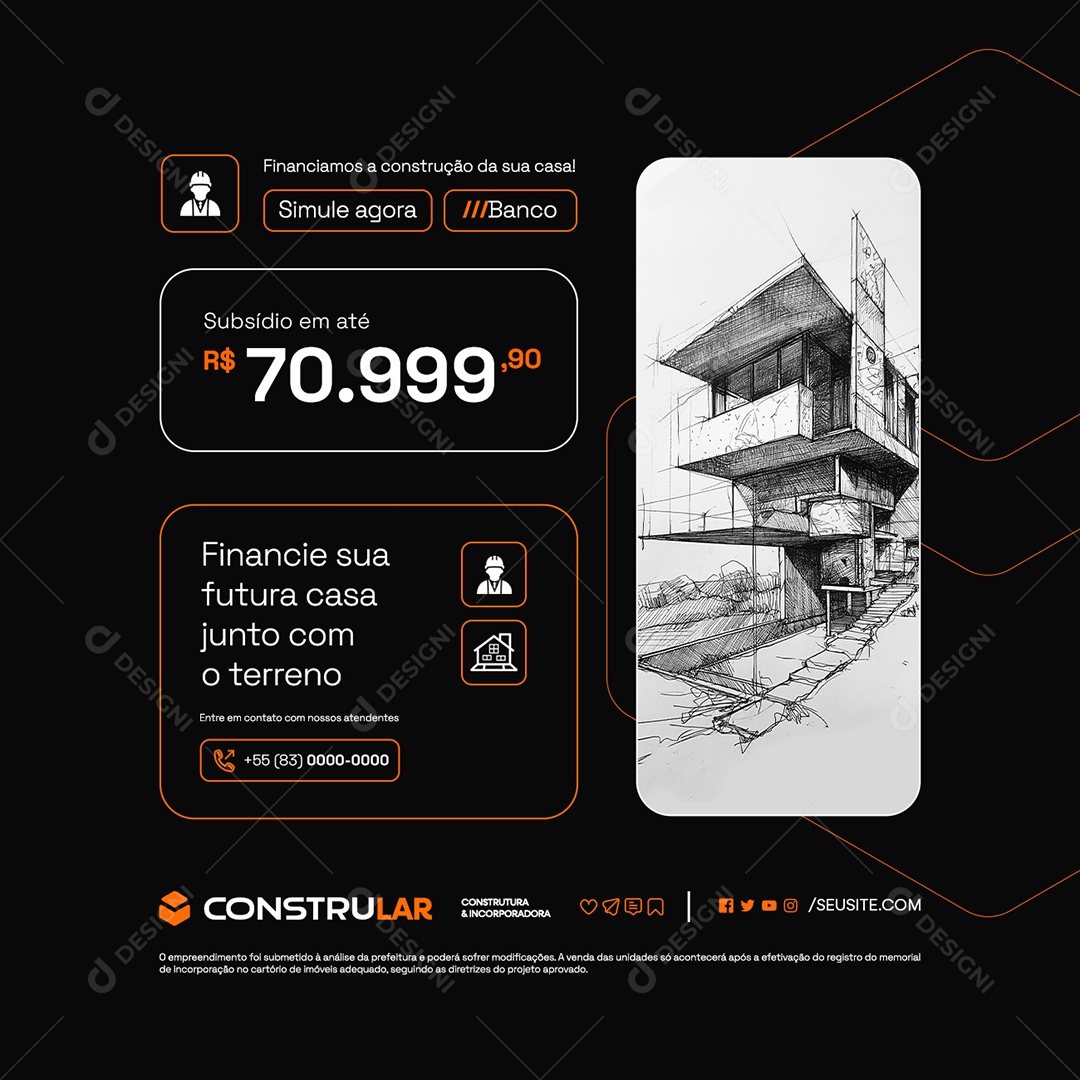 Construtora Financie sua Futura Casa Junto com o Terreno Social Media PSD Editável