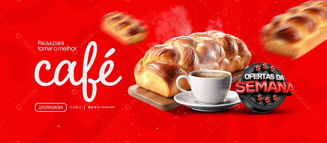 Banner Ofertas da Semana Padaria Pausa para Tomar o Melhor Café Social Media PSD Editável