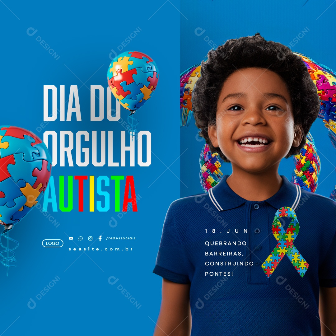 Dia do Orgulho Autista 18 de Junho Quebrando Barreiras Social Media PSD Editável