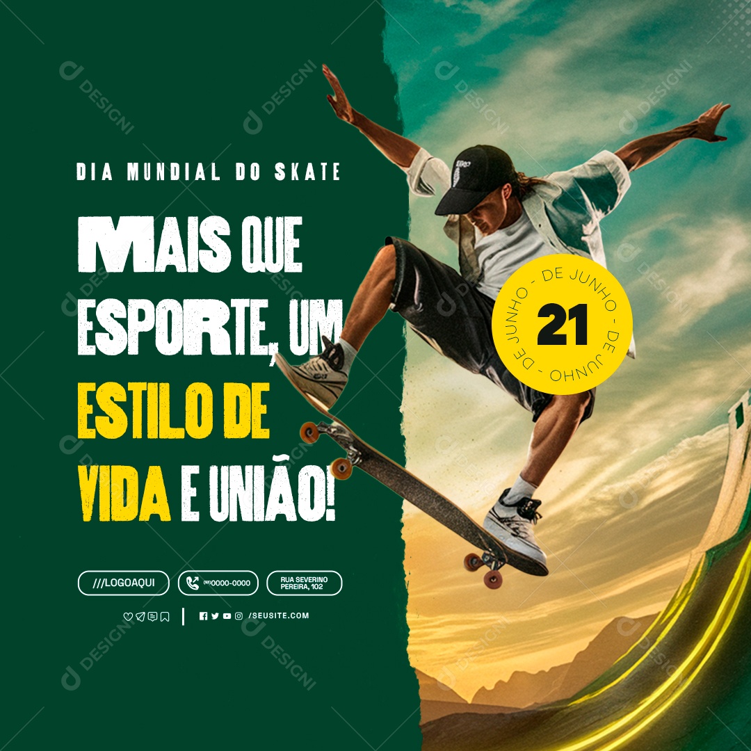 Dia Mundial do Skate 21 de Junho Mais que Esporte um Estilo de Vida Social Media PSD Editável