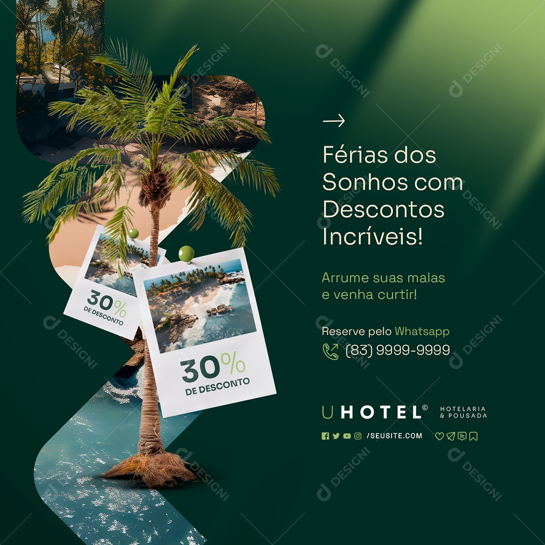 Hotelaria e Pousada Férias dos Sonhos com Descontos Incríveis Social Media PSD Editável