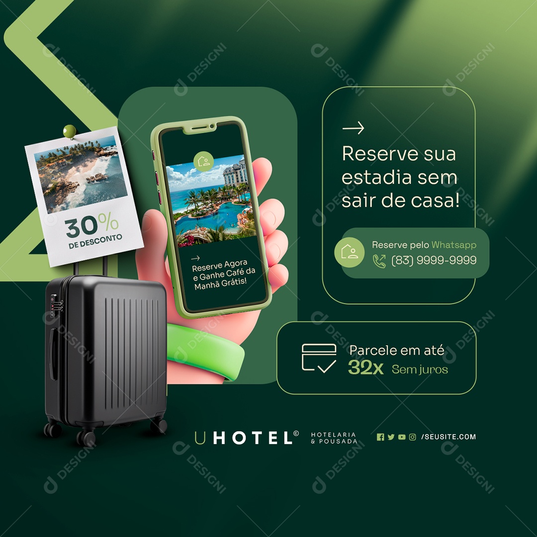 Hotelaria e Pousada Reserve sua Estadia sem Sair de Casa Social Media PSD Editável