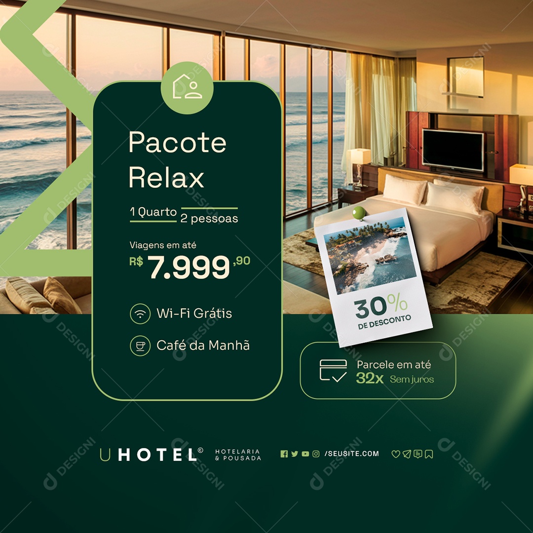 Hotelaria e Pousada Pacote Relax 30% de Desconto Social Media PSD Editável