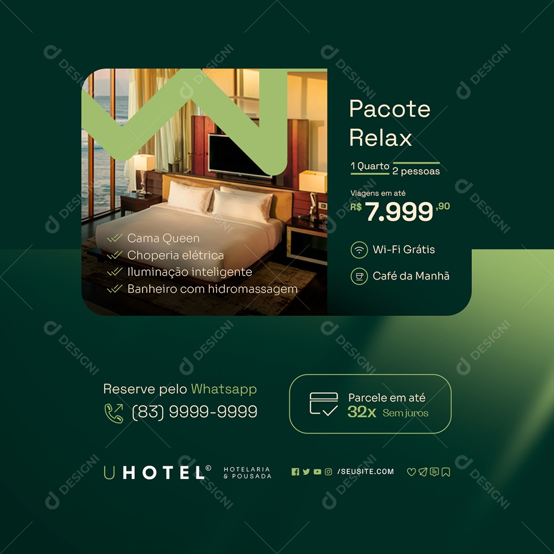 Hotelaria e Pousada Pacote Relax Reserve pelo Whatsapp Social Media PSD Editável