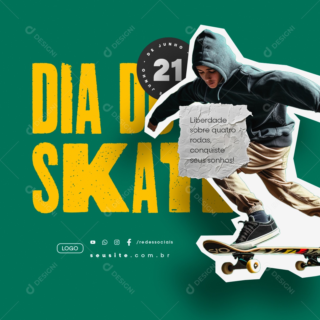 Dia do Skate 21 de Junho Liberdade Sobre Quatro Rodas Social Media PSD Editável