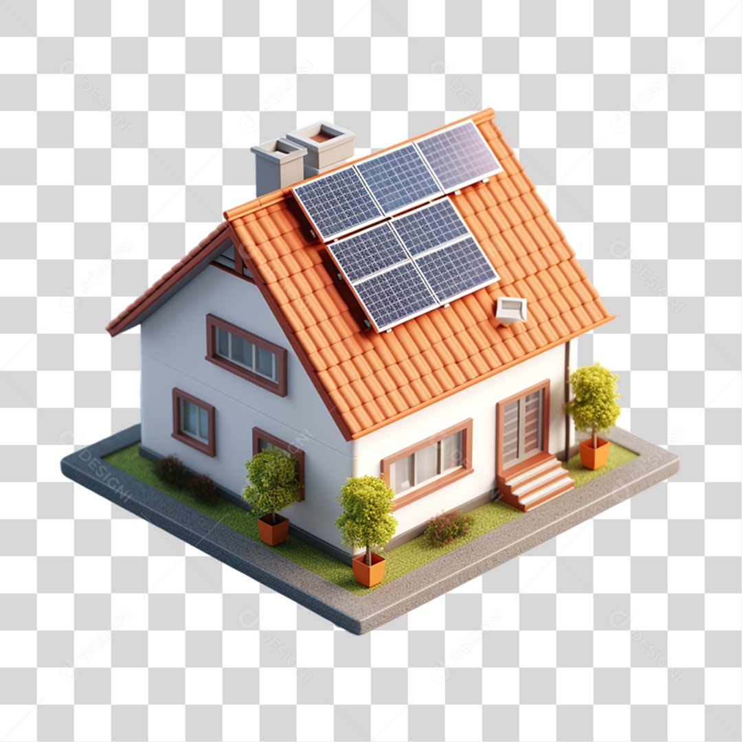 Elemento 3D Casa com Placa Solar PNG Transparente