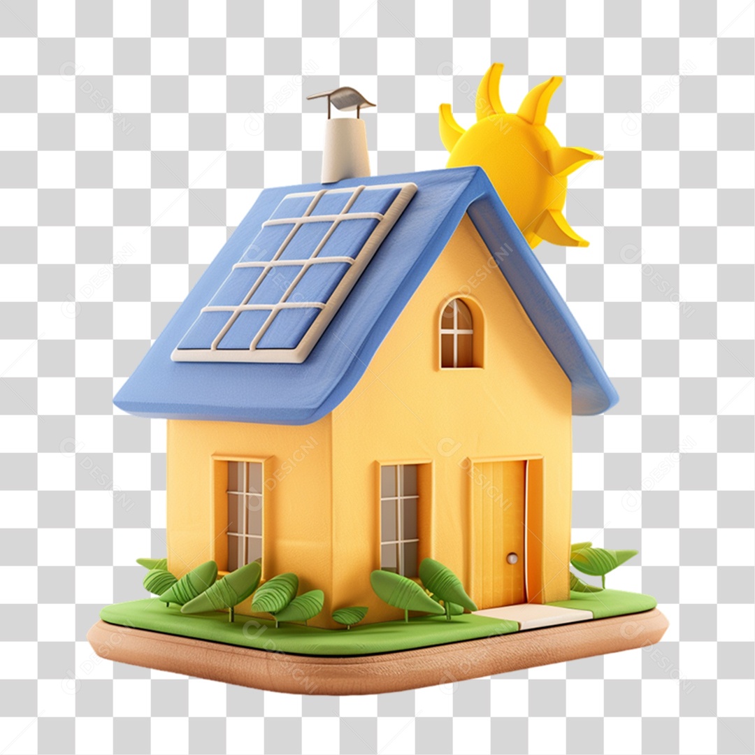 Elemento 3D Casa com Placa Solar PNG Transparente